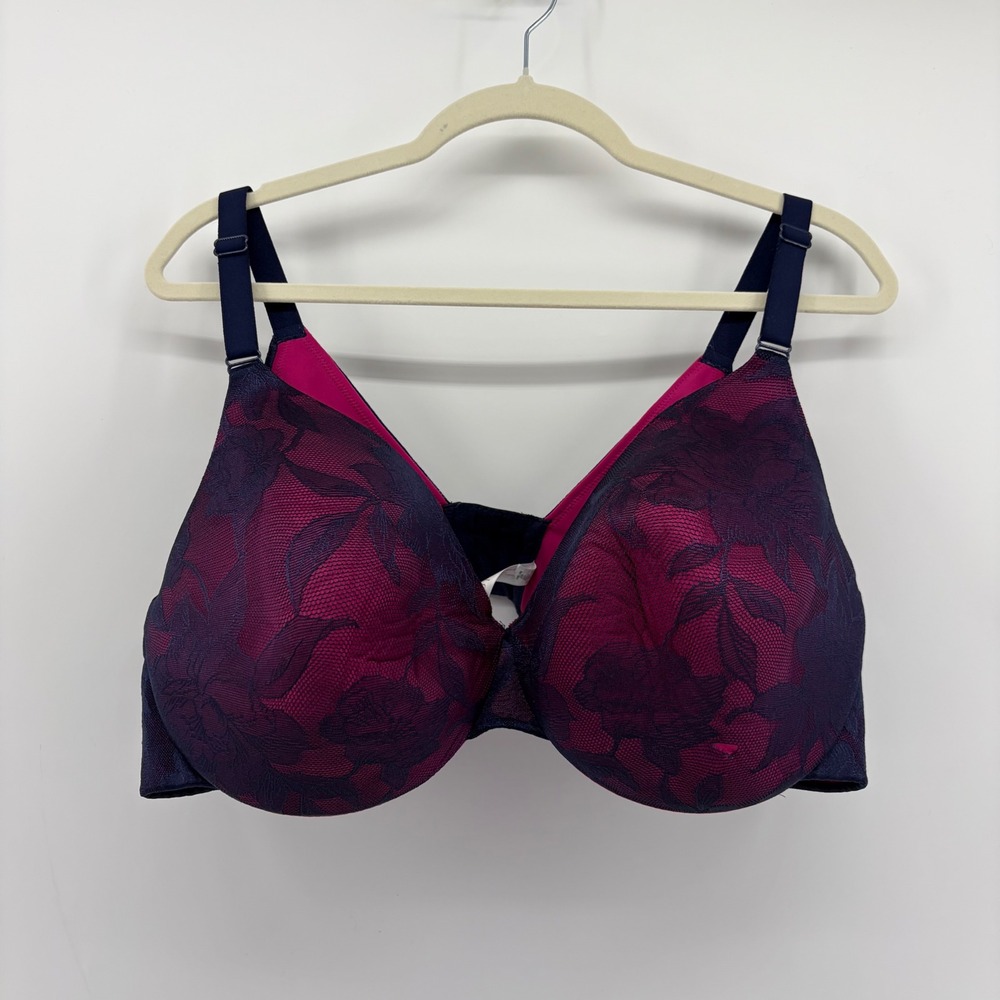 Cacique Womens 46D Navy Pink Bra Lightly Lined Full Coverage Floral‎ Lace Mesh